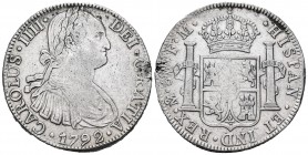 Carlos IV (1788-1808). 8 reales. 1792. México. FM. (Cal 2019-954). Ag. 26,89 g. Defecto en el canto. MBC-. Est...45,00. English: Charles IV (1788-1808...