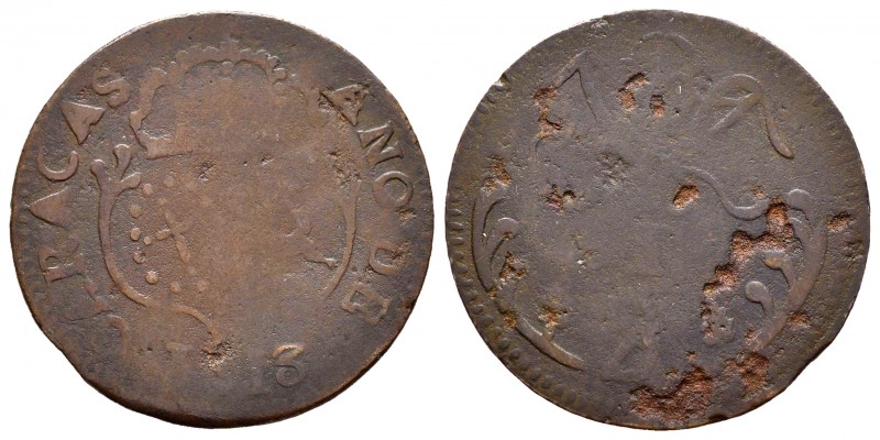 Fernando VII (1808-1833). 1/4 real. 1813. Caracas. (Cal 2019-61). Ae. 2,42 g. Es...