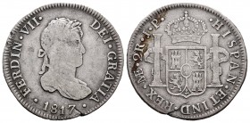 Fernando VII (1808-1833). 2 reales. 1817. Lima. JP. (Cal 2019-817). Ag. 661,00 g. Pequeña grieta. BC+. Est...30,00. English: Ferdinand VII (1808-1833)...