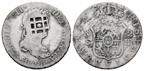 Fernando VII (1808-1833). 2 reales. 1828. Sevilla. JB. (Km-6). (De Mey-481). Ag. 5,70 g. Resello de Vique (Cuba). BC+. Est...35,00. English: Ferdinand...