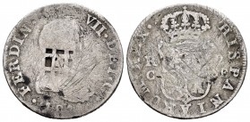 Fernando VII (1808-1833). Resello de Vique (Cuba) sobre 2 reales de Cataluña 1814 SF. (De Mey-481). Ag. 4,90 g. Rayas. BC. Est...25,00. English: Ferdi...