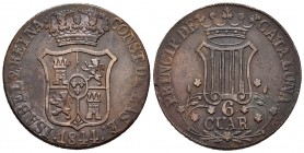 Isabel II (1833-1868). 6 cuartos. 1844. Barcelona. (Cal 2019-26). Ae. 14,06 g. Flores de 5 pétalos. MBC. Est...30,00. English: Elizabeth II (1833-1868...