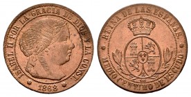 Isabel II (1833-1868). 1/2 céntimo de escudo. 1868. Barcelona. OM. (Cal 2008-671). (Cal 2019-201). Ae. 1,23 g. Brillo original. SC. Est...45,00. Engli...