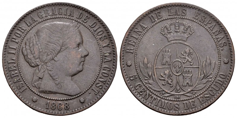 Isabel II (1833-1868). 5 céntimos de escudo. 1868. Barcelona. OM. (Cal 2019-246)...