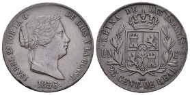 Isabel II (1833-1868). 25 céntimos de real. 1856. Segovia. (Cal 2008-591). Ae. 8,91 g. Reverso girado 15º a la izquierda. Golpecitos. MBC+. Est...40,0...