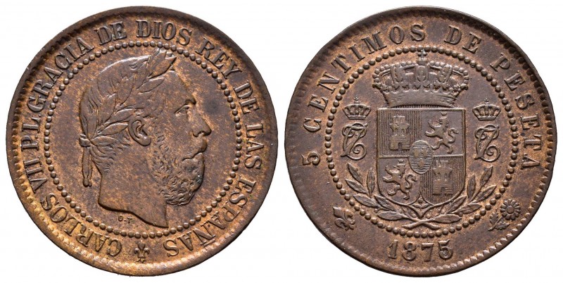 Carlos VII (1872-1876). 5 céntimos. 1875. Bruselas. (Cal 2019-3). Au. 5,02 g. Re...
