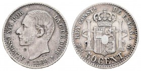 Alfonso XII (1874-1885). 50 céntimos. 1880*8-0. Madrid. MSM. (Cal 2008-63). (Cal 2019-11). Ag. 2,47 g. MBC-. Est...18,00. English: Centenary of the Pe...