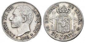 Alfonso XII (1874-1885). 50 céntimos. 1885*8-6. Madrid. MSM. (Cal 2008-65). (Cal 2019-14). Ag. 2,46 g. Limpiada. MBC+. Est...18,00. English: Centenary...