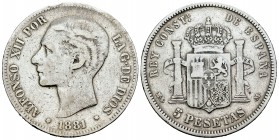 Alfonso XII (1874-1885). 5 pesetas. 1881*_ _-_ _. Madrid. MSM. (Cal 2008-32). (Cal 2019-44). Ag. 24,37 g. Limpiada. BC. Est...18,00. English: Centenar...