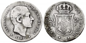 Alfonso XII (1874-1885). 20 centavos. 1881. Manila. (Cal 2019-94). Ag. 5,02 g. BC. Est...20,00. English: Centenary of the Peseta (1868-1931). Alfonso ...