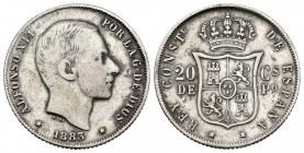 Alfonso XII (1874-1885). 20 centavos. 1883. Manila. (Cal 2008-90). Ag. 5,15 g. BC/BC+. Est...30,00. English: Centenary of the Peseta (1868-1931). Alfo...