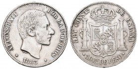 Alfonso XII (1874-1885). 50 céntimos. 1883. Manila. (Cal 2008-83). Ag. 12,95 g. Golpecitos. MBC/MBC+. Est...50,00. English: Centenary of the Peseta (1...