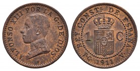 Alfonso XIII (1886-1931). 1 céntimo. 1911*1. Madrid. PCV. (Cal 2019-3). Ae. 1,01 g. EBC. Est...90,00. English: Centenary of the Peseta (1868-1931). Al...