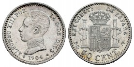 Alfonso XIII (1886-1931). 50 céntimos. 1904*1-0. Madrid. PCV. (Cal 2008-62). (Cal 2019-47). Ag. 2,54 g. Brillo original. EBC+. Est...20,00. English: C...