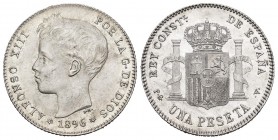 Alfonso XIII (1886-1931). 1 peseta. 1896*18-96. Madrid. PGV. (Cal 2019-56). Ag. 4,93 g. Brillo original. SC-. Est...70,00. English: Centenary of the P...
