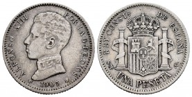 Alfonso XIII (1886-1931). 1 peseta. 1905*19-0_. Madrid. SMV. (Cal 2008-51). (Cal 2019-70). Ag. 4,99 g. MBC-. Est...40,00. English: Centenary of the Pe...