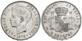 Alfonso XIII (1886-1931). 5 pesetas. 1898*18-98. Madrid. SGV. (Cal 2019-108). Ag. 24,95 g. MBC+. Est...25,00. English: Centenary of the Peseta (1868-1...