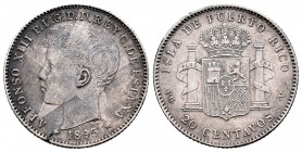 Alfonso XIII (1886-1931). 20 centavos. 1895. Puerto Rico. PGV. (Cal 2008-84). Ag. 4,95 g. Leve hojita en anverso. Pátina irregular. MBC+. Est...100,00...