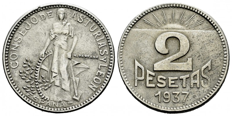 Guerra Civil (1936-1939). 2 pesetas. 1937. Asturias y León. (Cal 2019-10). Cu-Ni...