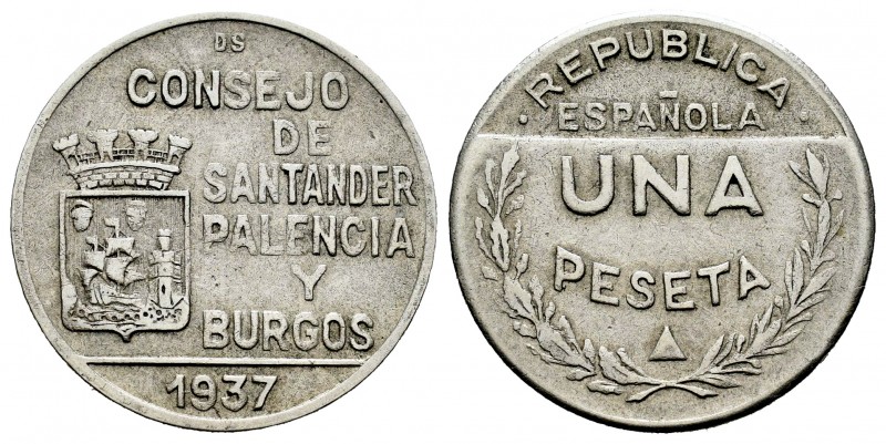 Guerra Civil (1936-1939). 1 peseta. 1937. Santander, Palencia y Burgos. (Cal 200...