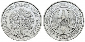 Alemania. República de Weimar. 5 reichsmark. 1930. Karlsruhe. G. (Km-56). (Dav-966). Ag. 25,14 g. Fuerte golpe en reverso, aun así muy rara en esta co...