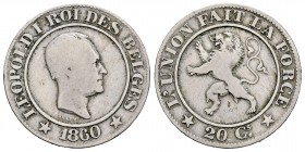 Bélgica. Leopold I. 20 céntimos. 1860. (Km-20). Cu-Ni. 11,10 g. BC. Est...12,00. English: Belgium. Leopold I. 20 céntimos. 1860. (Km-20). 11,10 g. F. ...