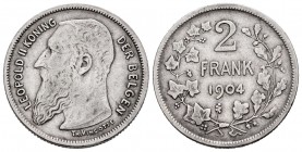 Bélgica. Leopold II. 2 francos. 1904. (Km-59). Ag. 9,90 g. MBC-. Est...18,00. English: Belgium. Leopold II. 2 francos. 1904. (Km-59). Ag. 9,90 g. Almo...