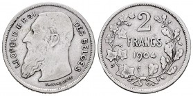 Bélgica. Leopold II. 2 francos. 1904. (Km-59). Ag. 4,69 g. DES BELGES. MBC-. Est...20,00. English: Belgium. Leopold II. 2 francos. 1904. (Km-59). Ag. ...