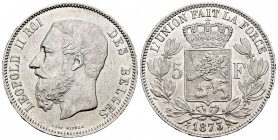 Bélgica. Leopold II. 5 francos. 1873. (Km-24). Ag. 25,05 g. EBC. Est...40,00. English: Belgium. Leopold II. 5 francos. 1873. (Km-24). Ag. 25,05 g. XF....