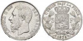 Bélgica. Leopold II. 5 francos. 1876. (Km-24). Ag. 24,90 g. MBC+. Est...25,00. English: Belgium. Leopold II. 5 francos. 1876. (Km-24). Ag. 24,90 g. Ch...