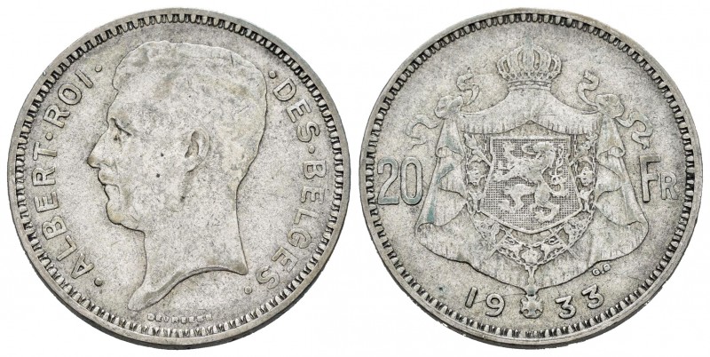 Bélgica. Albert I. 20 francos. 1933. (Km-104.1). Ag. 10,93 g. MBC-. Est...18,00....