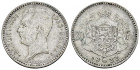 Bélgica. Albert I. 20 francos. 1933. (Km-104.1). Ag. 10,93 g. MBC-. Est...18,00. English: Belgium. Albert I. 20 francos. 1933. (Km-104.1). Ag. 10,93 g...