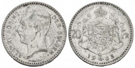 Bélgica. Albert I. 20 francos. 1934. (Km-104.1). Ag. 11,01 g. MBC-. Est...15,00. English: Belgium. Albert I. 20 francos. 1934. (Km-104.1). Ag. 11,01 g...