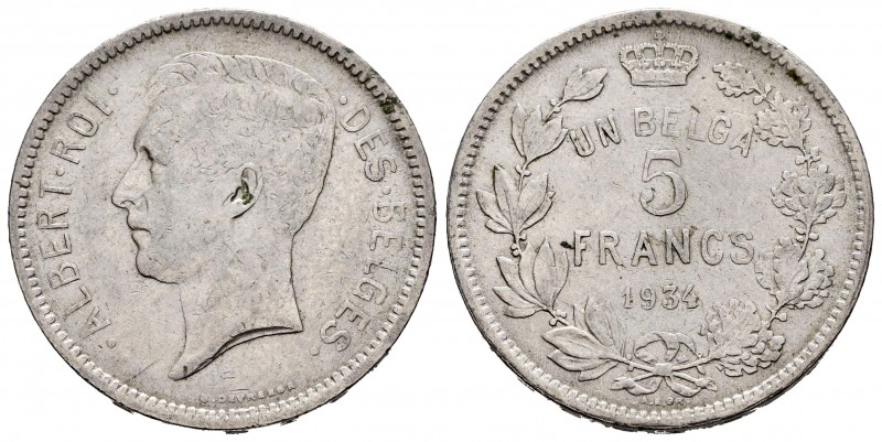 Bélgica. Albert I. 5 francos. 1934. (Km-97.1). Ni. 13,60 g. MBC-. Est...15,00. E...