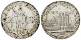 Bélgica. Leopold III. 50 francos. 1935. (Km-107.1). Ag. 21,90 g. Centenario del ferrocarril y Exposición de Bruselas. Leyenda flamenca. MBC+. Est...65...