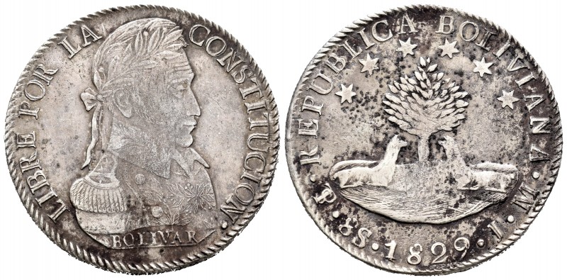 Bolivia. 8 soles. 1829. Potosí. JM. (Km-97). Ag. 26,73 g. Oxidaciones en reverso...