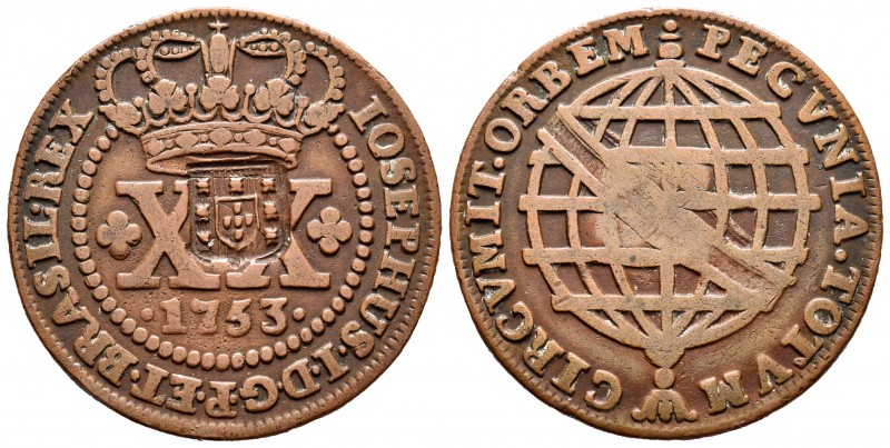 Brasil. José I. 20 reis. 1753. (Km-175.1). (Gomes-13.02). Ae. 14,81 g. Resello e...