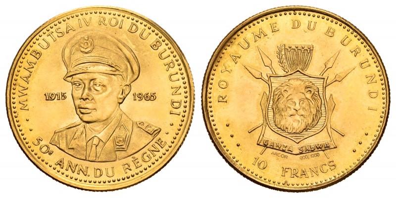 Burundi. 10 francos. 1965. (Km-7). Au. 3,00 g. 50º Aniversario del reinado de Mw...