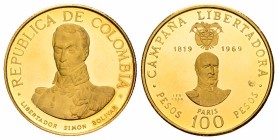 Colombia. 10 pesos. 1969. NI. (Km-240). Au. 4,33 g. Batalla de Boyaca. Soublette. PROOF. Est...150,00. English: Colombia. 10 pesos. 1969. NI. (Km-240)...
