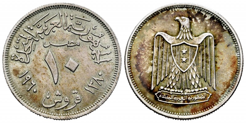 Egipto. 10 piastras. 1380 H (1960). (Km-398). Ag. 7,01 g. En la época de unión c...