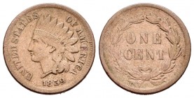 Estados Unidos. 1 cent. 1859. (Km-87). Ae. 4,69 g. MBC. Est...30,00. English: United States. 1 cent. 1859. (Km-87). Ae. 4,69 g. VF. Est...30,00.