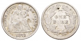 Estados Unidos. 1 dime. 1873. Philadelphia. (Km-92). Ag. 2,49 g. MBC-. Est...10,00. English: United States. 1 dime. 1873. Philadelphia. (Km-92). Ag. 2...