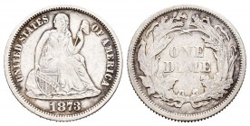 Estados Unidos. 1 dime. 1873. Philadelphia. (Km-92). Ag. 2,46 g. El 3 de la fecha cerrado. MBC+/MBC. Est...10,00. English: United States. 1 dime. 1873...