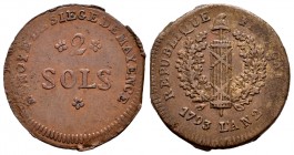 Francia. Friedrich Karl Josef. 2 sols. 1793 (L´AN 2). Mainz. (Km-602). (Gad-66). Ae. 3,71 g. Moneda de emergencia durante el asedio francés a la ciuda...