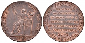 Francia. 2 sols. 1791. (Maz-152). (Km-Tn23). Rev.: 50L ET AU DESSUS. Ae. 18,44 g. Escasa. EBC+. Est...50,00. English: France. 2 sols. 1791. (Maz-152)....