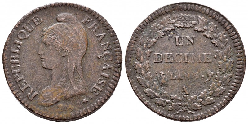 Francia. I República. 1 décima. L´AN 5. París. A. (Km-637.1). (Gad-185). Ae. 20,...