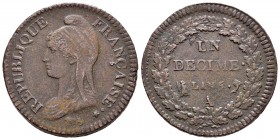 Francia. I República. 1 décima. L´AN 5. París. A. (Km-637.1). (Gad-185). Ae. 20,57 g. MBC. Est...60,00. English: France. I Republic. 1 décima. L´AN 5....