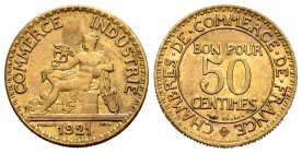 Francia. III República. 50 centimes. 1921. (Km-884). (Gad-421). Ae. 1,98 g. EBC. Est...15,00. English: France. 50 centimes. 1921. (Km-884). (Gad-421)....