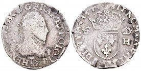 Francia. Henry III. Testón. 1577. Nantes. T. (Duplessy-1126). (Ciani-1415). Ag. 9,39 g. MBC-. Est...40,00. English: France. Henry III. Testón. 1577. N...