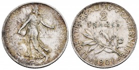 Francia. III República. 2 francos. 1901. (Km-845.1). (Gad-532). Ag. 10,01 g. MBC+. Est...30,00. English: France. 2 francos. 1901. (Km-845.1). (Gad-532...